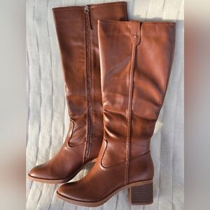 Coutgo Cognac Knee High Boots Block Heel Side Zip Size 11
